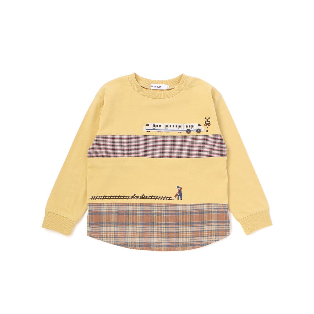 電車モチーフチェック切り替え長袖Tシャツ(80~130cm) イエロー 80cm