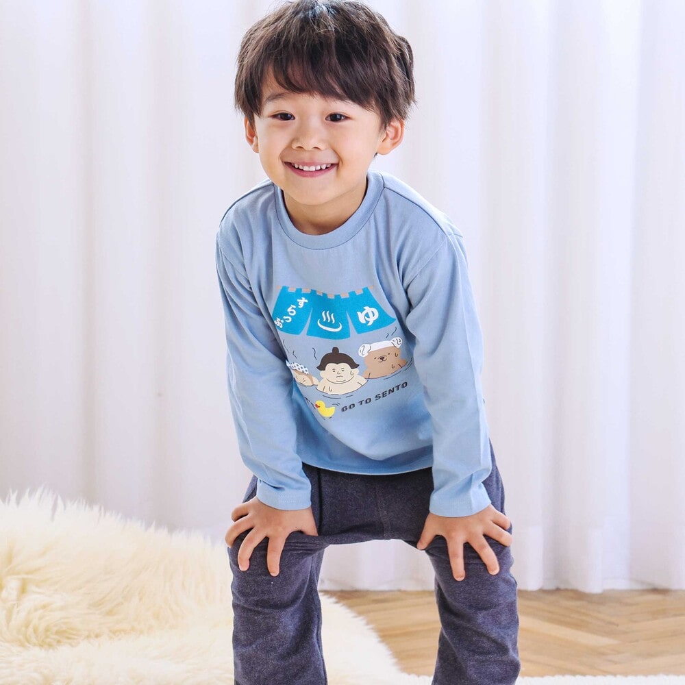 【スララク/防汚加工/オーガニックコットン】わくわくデザイン男の子長袖Tシャツ(80~130cm) ネイビー×ワニ恐竜消防車 80cm