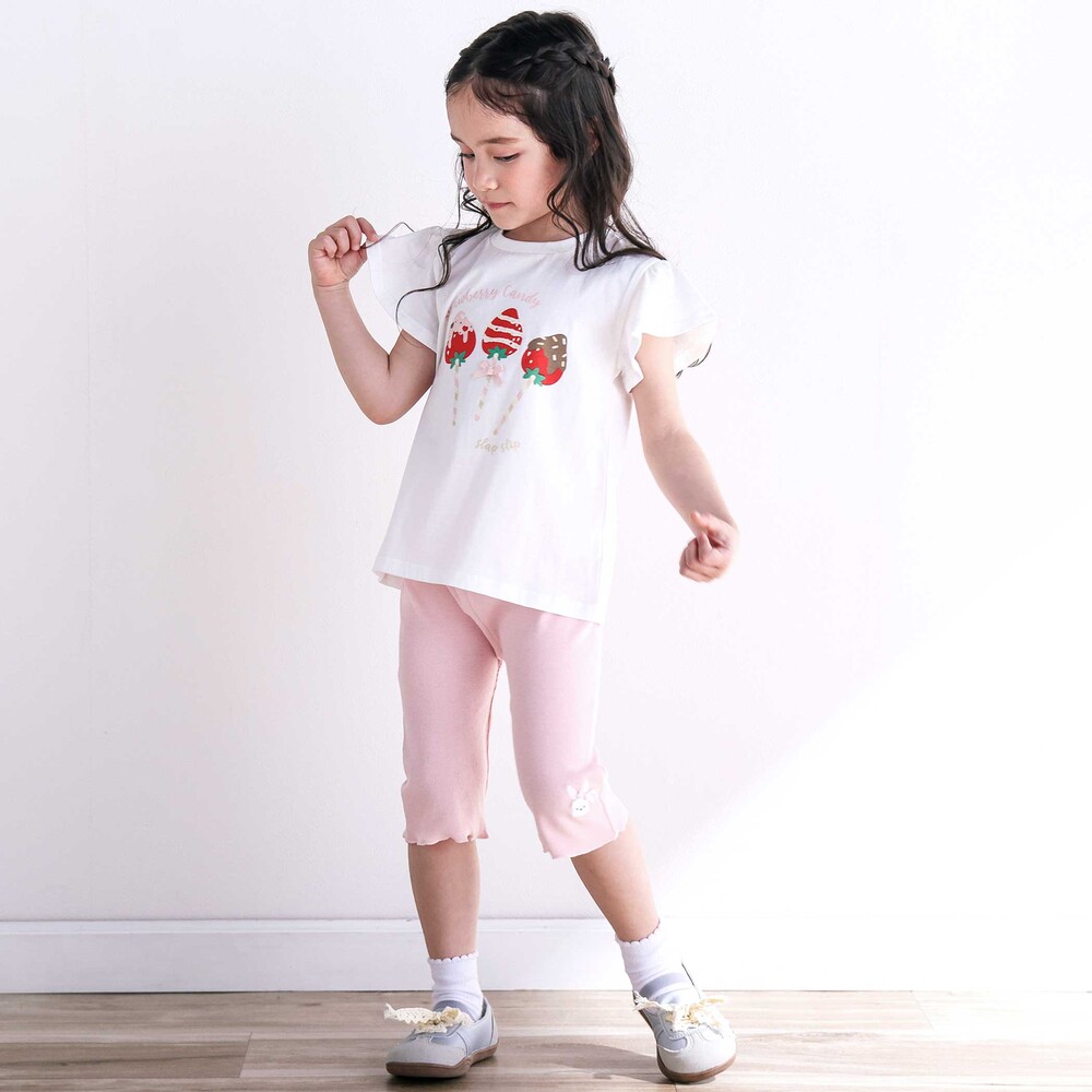 【スララク/吸汗速乾/接触冷感/オーガニックコットン】ときめき女の子半袖Tシャツ(80~130cm) コーラル×お花アイス×袖フレア 80cm