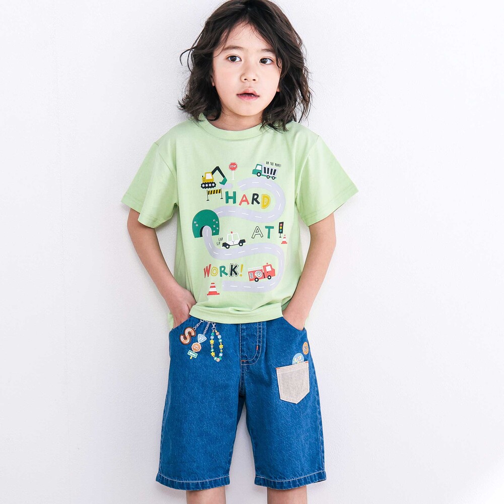 【スララク/吸汗速乾/接触冷感/オーガニックコットン】わくわく男の子半袖Tシャツ(80~130cm) ホワイト×恐竜の水兵さん 80cm