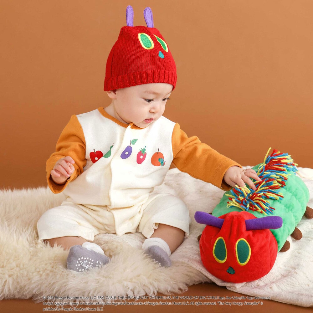 【絵本コラボ-はらぺこあおむし-】袖配色おしりパッチカバーオール(70~80cm) グリーン(リンゴ) 70cm