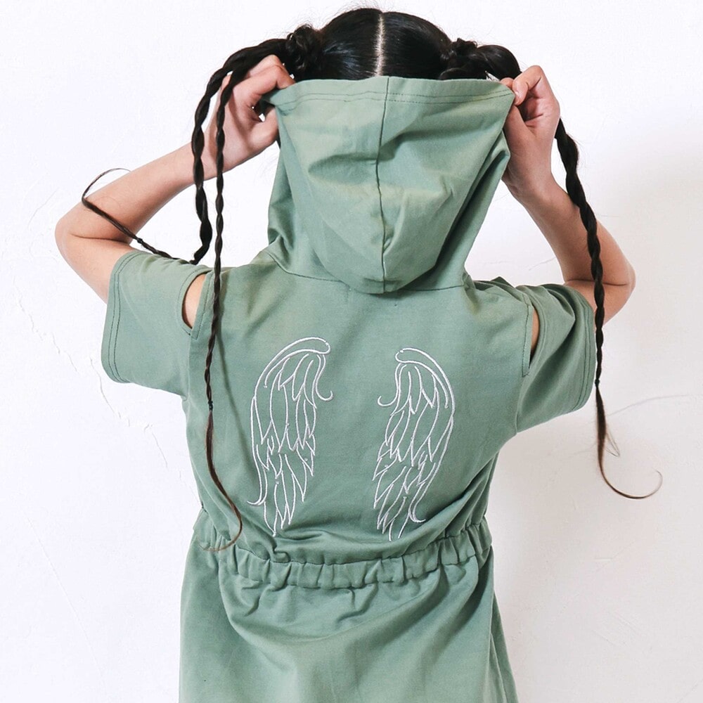 フルジップ肩あきフードワンピース(110~150cm) グリーン 110cm