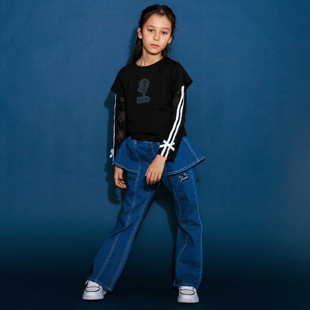 ニットレース長袖Tシャツ+半袖Tシャツセット(110~150cm) ブルー 110cm