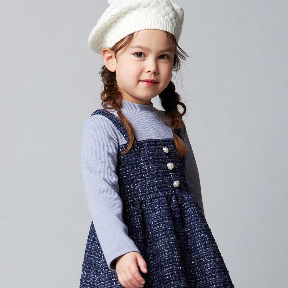 【お揃い】エタンセルラメツイードドッキングワンピース(90~160cm) ネイビー系 90cm