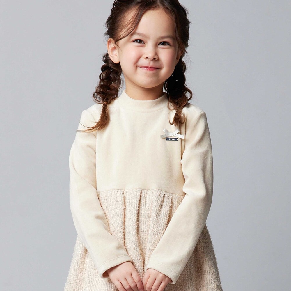 ベロア×ファンシーヤーン切り替えハイネックバルーンワンピース(90~140cm) ピンク 90cm