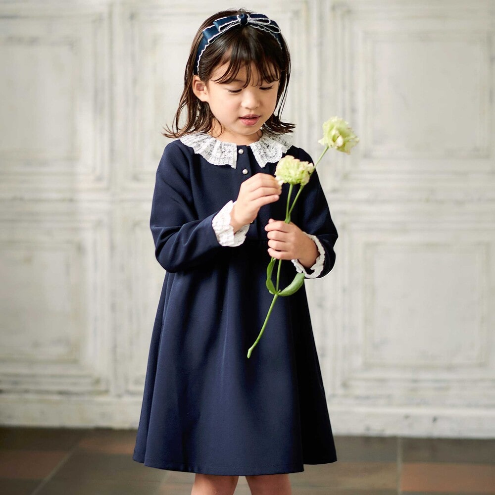 ダブルクロス3way付け襟長袖ギャザーワンピース(110~130cm) ネイビー 110cm