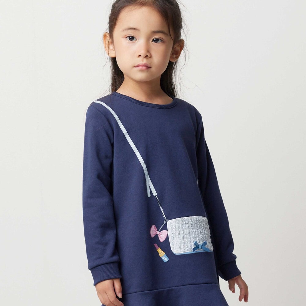 ポシェットデザイン長袖スウェットワンピース(80~140cm) ネイビー 80cm