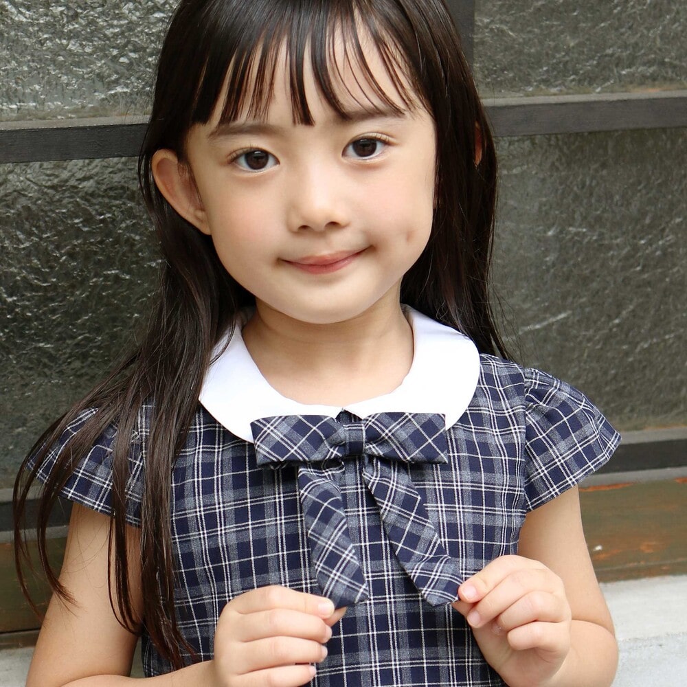 ボレロ+リボンタイ付きチェックワンピースセット(110~130cm) ネイビー系 110cm