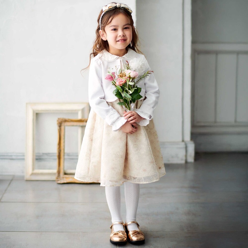 【日本製】オーガンジーフラワー刺しゅうドレス(110~130cm) ベージュ系 110cm