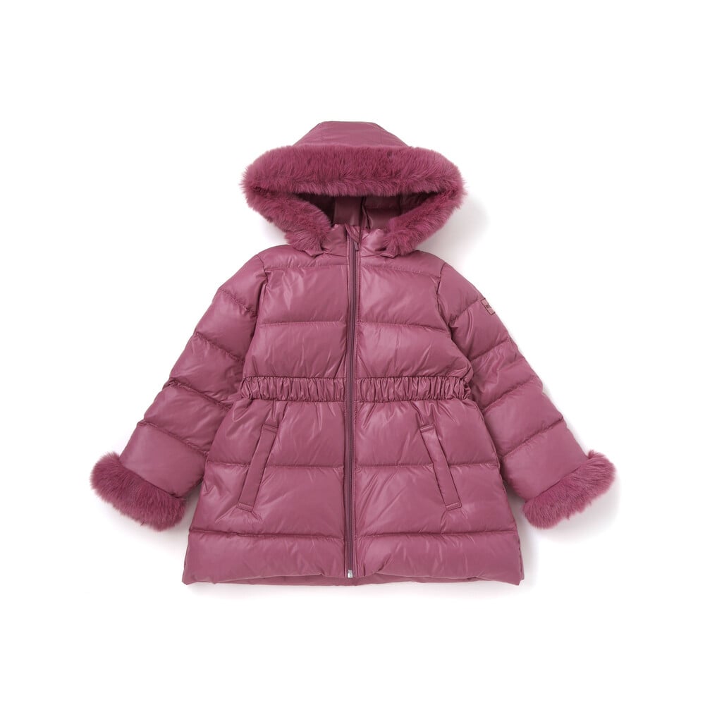 【撥水加工】シャイニータフタウエスト切り替えシャギーファーフードダウンコート(90~150cm) ピンク 90cm