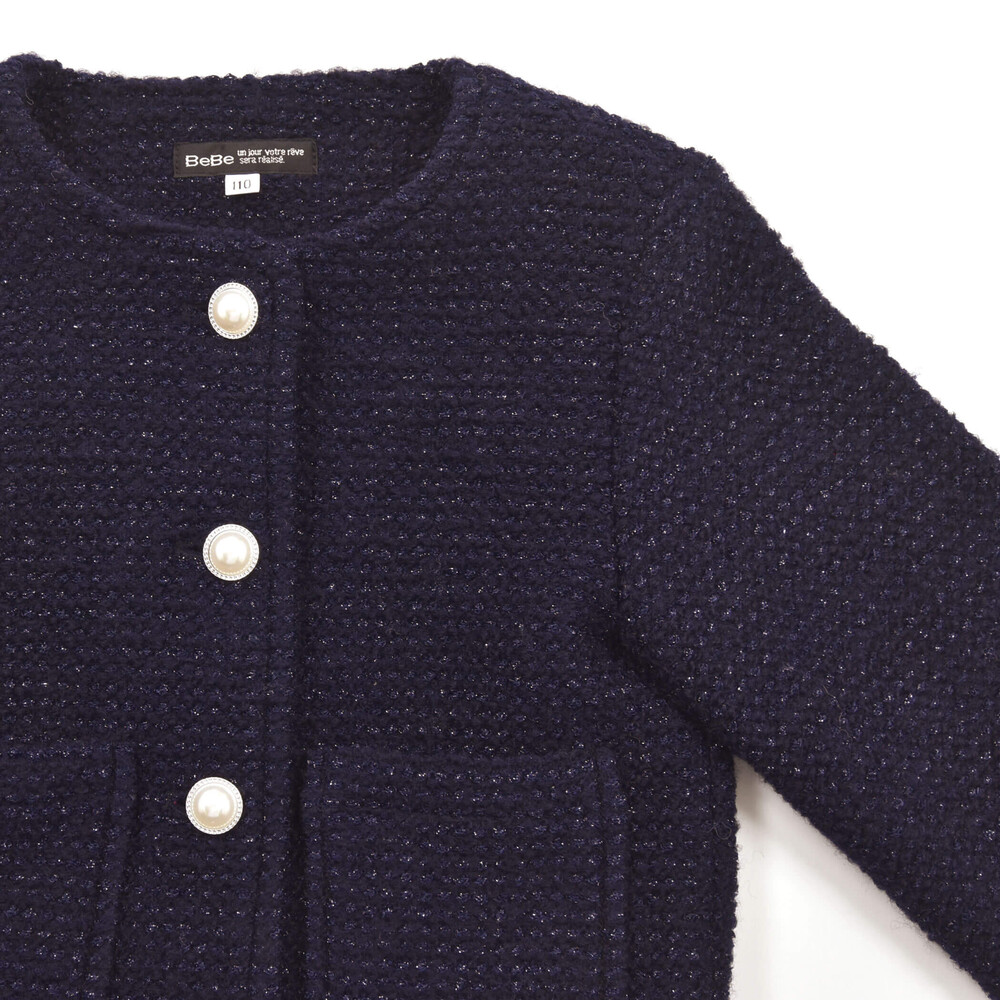 【お揃い】ラメボアパールボタンノーカラージャケット(100~160cm) ネイビー 100cm