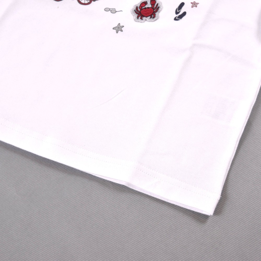 カモメ イカリ カニ サーフボード サングラス ビーチサンダル ヒトデ ラジオ サメ マリンモチーフTシャツ (80cm~14cm) ホワイト 100cm