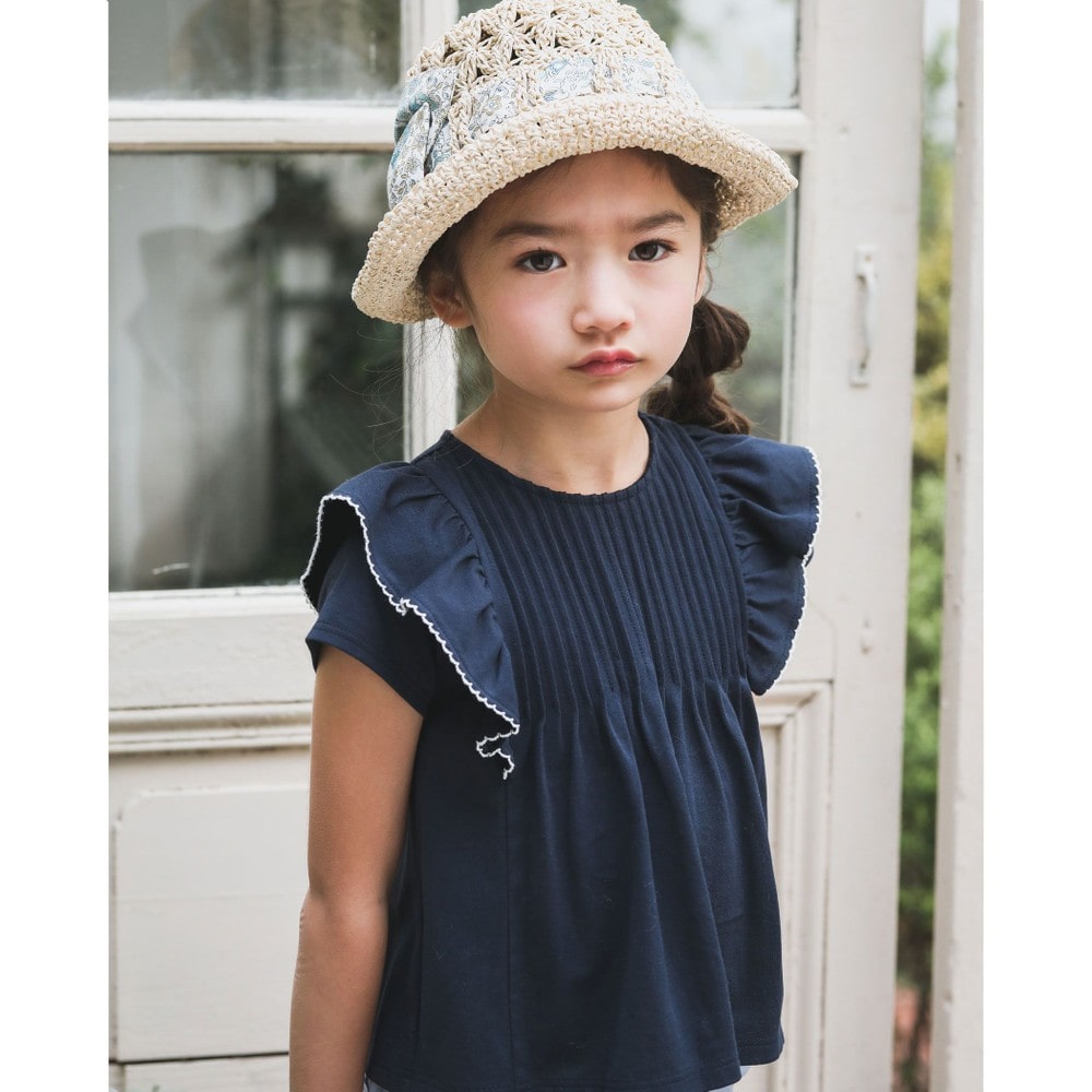 肩 フリル ピーコット 刺繍 A ライン Tシャツ(90~150cm) パープル 140cm