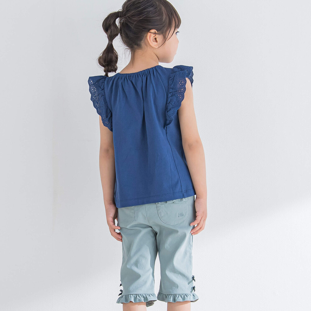 レース切替フラワー刺繍フリル袖Tシャツ ネイビー