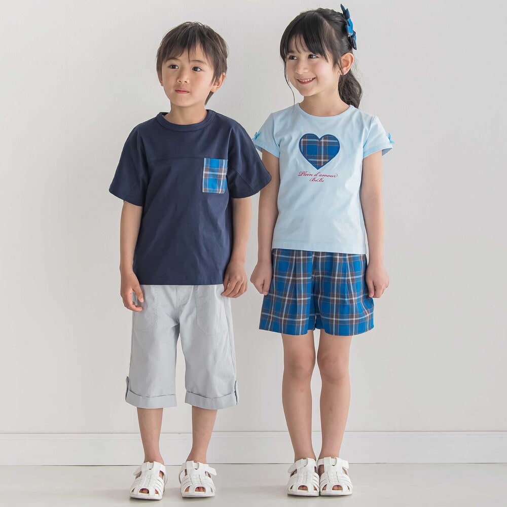 【お揃い】【神戸タータン×BeBe】チェックハートパッチ半袖Tシャツ(90~160cm) ブルー 90cm