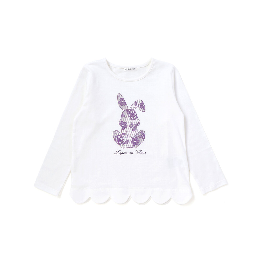 【抗菌・防臭】Rabbitレースプリント裾スカラップ天竺長袖Tシャツ(90~130cm) オフホワイト SS(90-100cm)