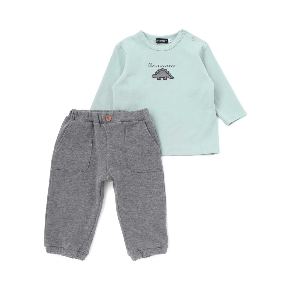 恐竜刺しゅうスムース長袖Tシャツ+ムラ染めジョガーパンツ セット(80~90cm) グリーン 80cm