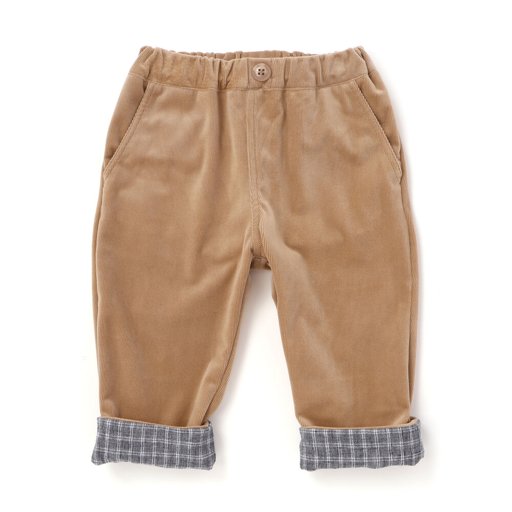 ニットコール裾チェックロングパンツ(80~90cm) ベージュ 80cm