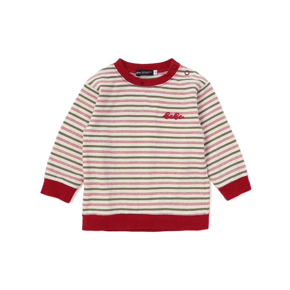 マルチボーダー天竺配色リブ長袖Tシャツ(80~90cm) レッド系 80cm