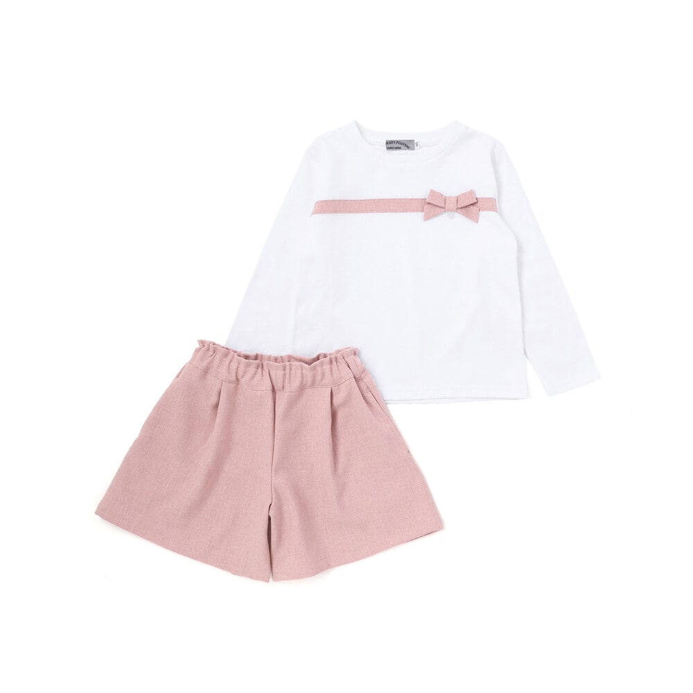 【限定商品】リボン長袖Tシャツ+キュロットセットアップ(95~150cm) ピンク系 95cm