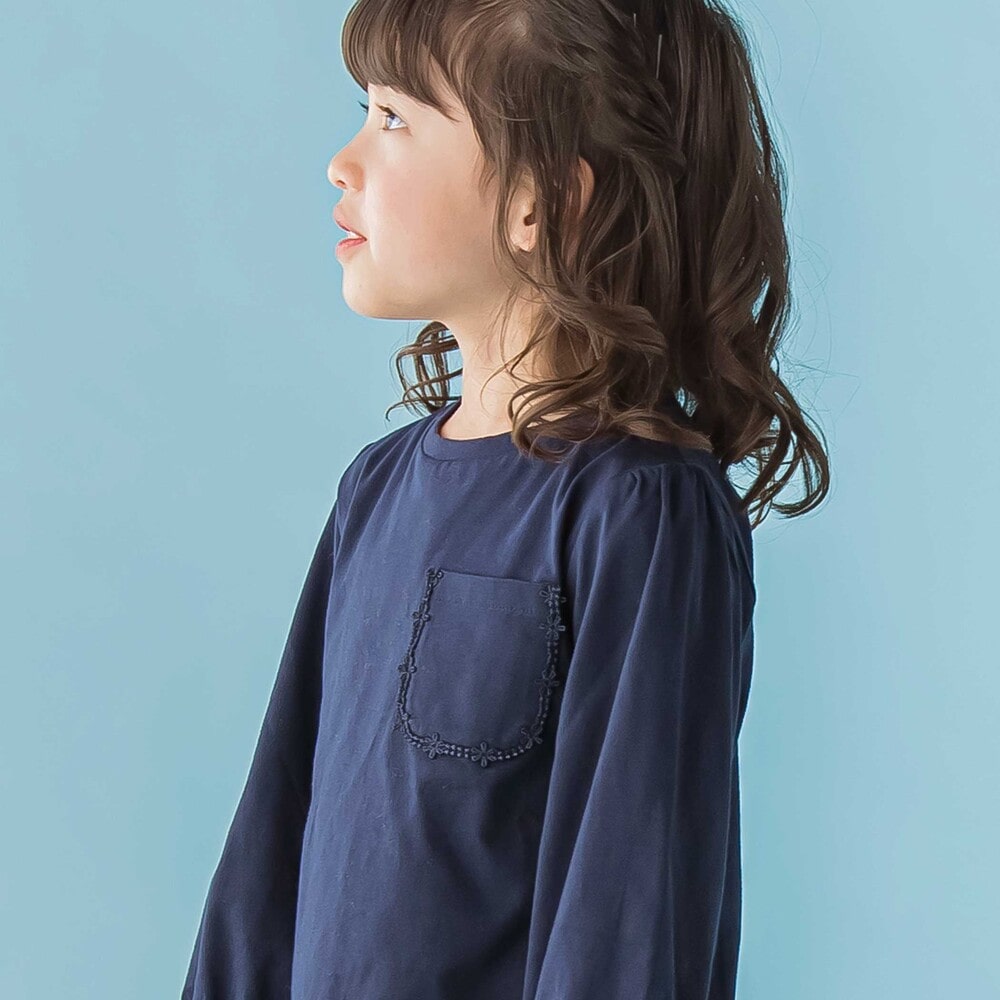 【限定商品】天竺花レースポケットロングTシャツ(95~150cm) ネイビー 95cm