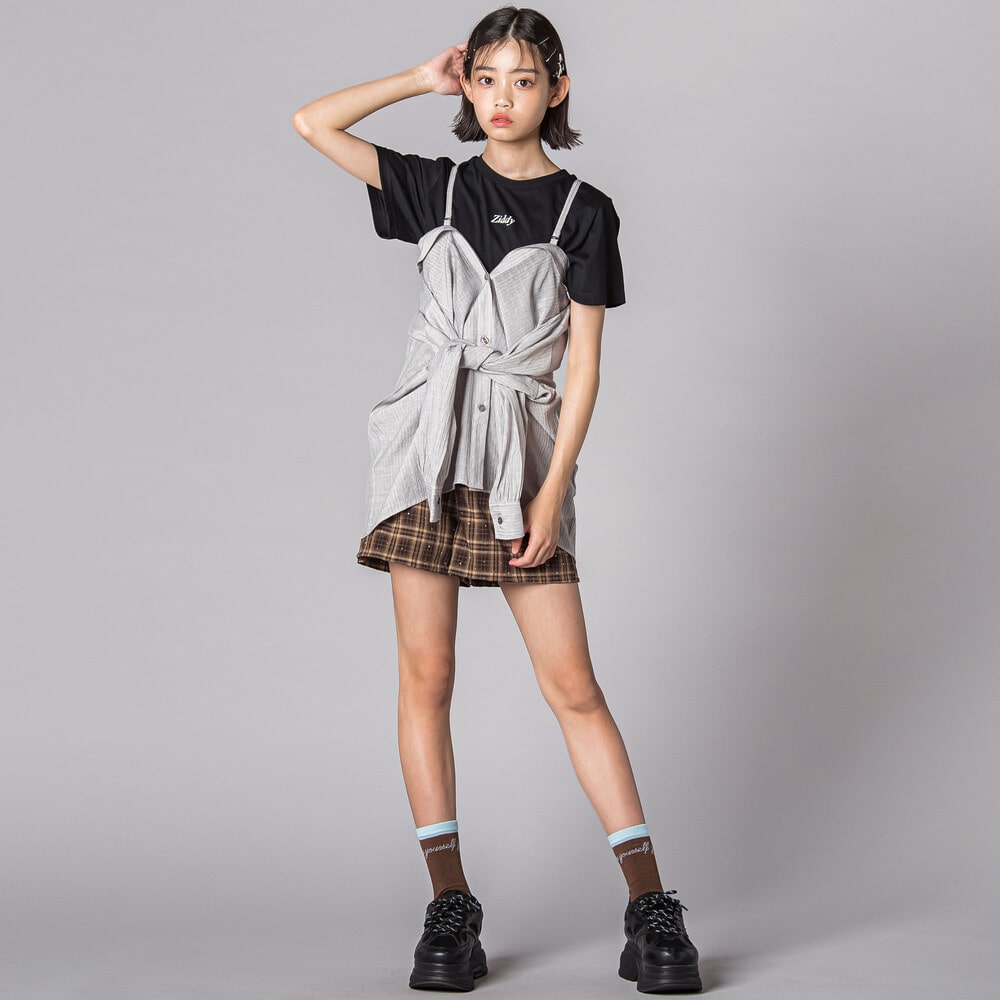 ラインストーンチェックショートパンツ(130~160cm) ブラウン系 130cm