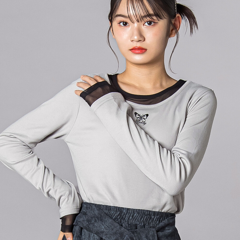 バタフライ刺しゅうシアーレイヤード風長袖トップス(130~160cm) グレー 130cm