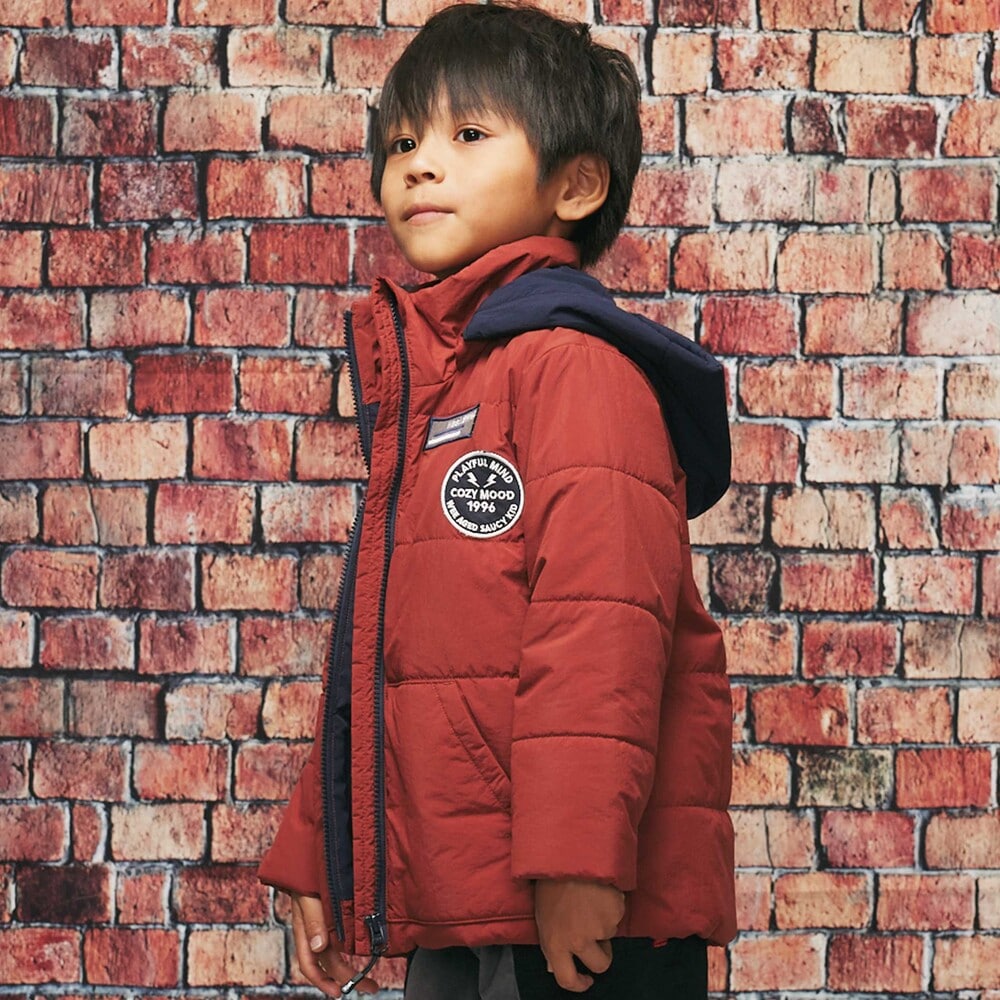 【撥水加工】ワッペンデザイン中綿フードジャケット(110~160cm) ボルドー 110cm