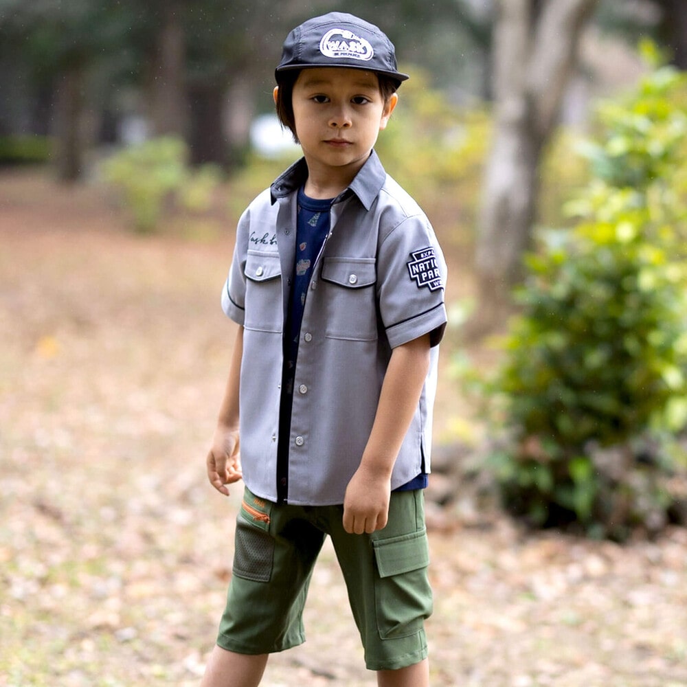 【接触冷感】ファンマートロストレッチパイピングバイカラーシャツ(100~160cm) グレー 100cm