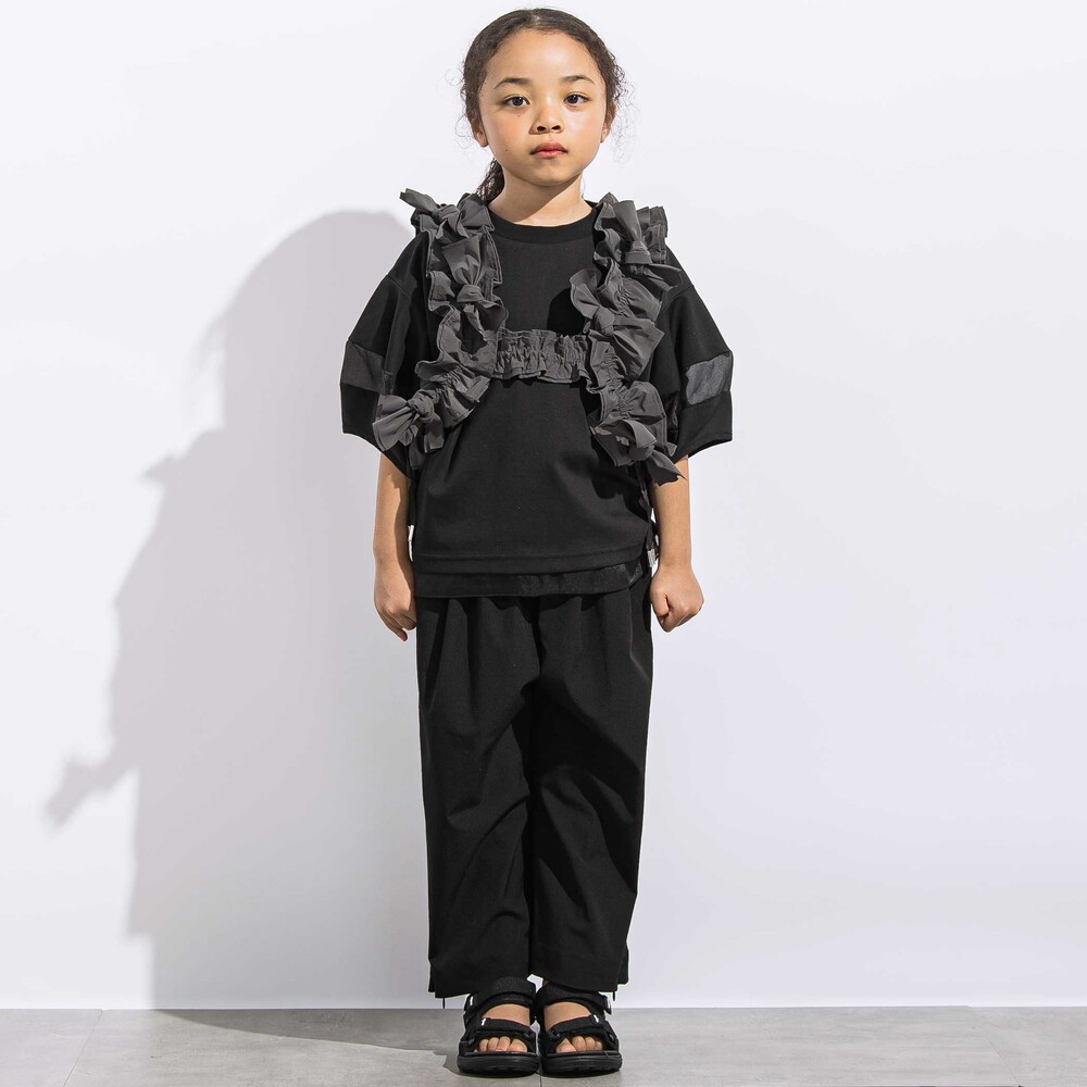 ポンチシアー切り替えポワン袖Tシャツ親子お揃い(110~140cm) ブラック M(110~125cm)