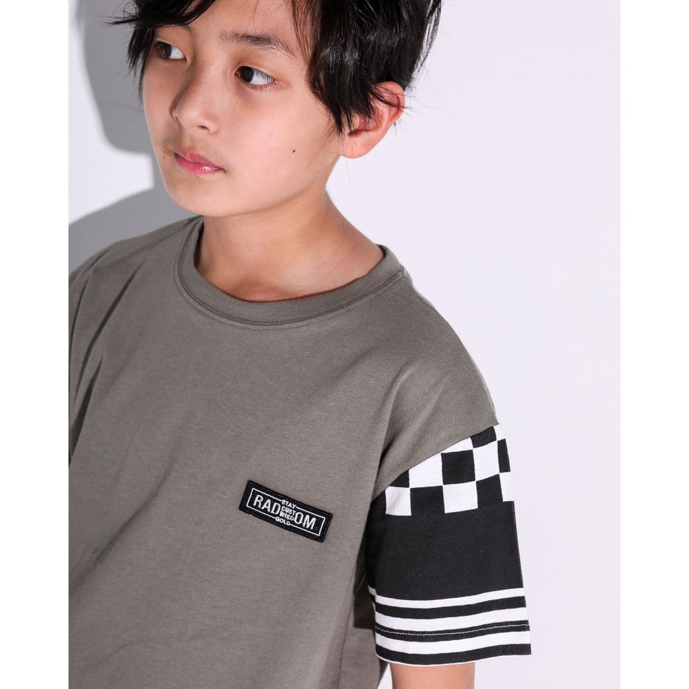 フラッグチェック ボーダー 切り替え スリーブ Tシャツ(120~160cm) グリーン 160cm