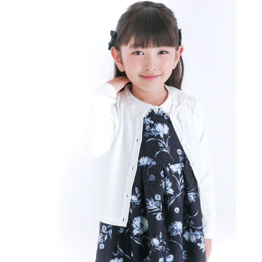 日本製 フォーマル ジャガード 花柄 リボン Aライン ワンピース ジャンパースカート ドレス (80cm~140cm) ネイビー系 80cm