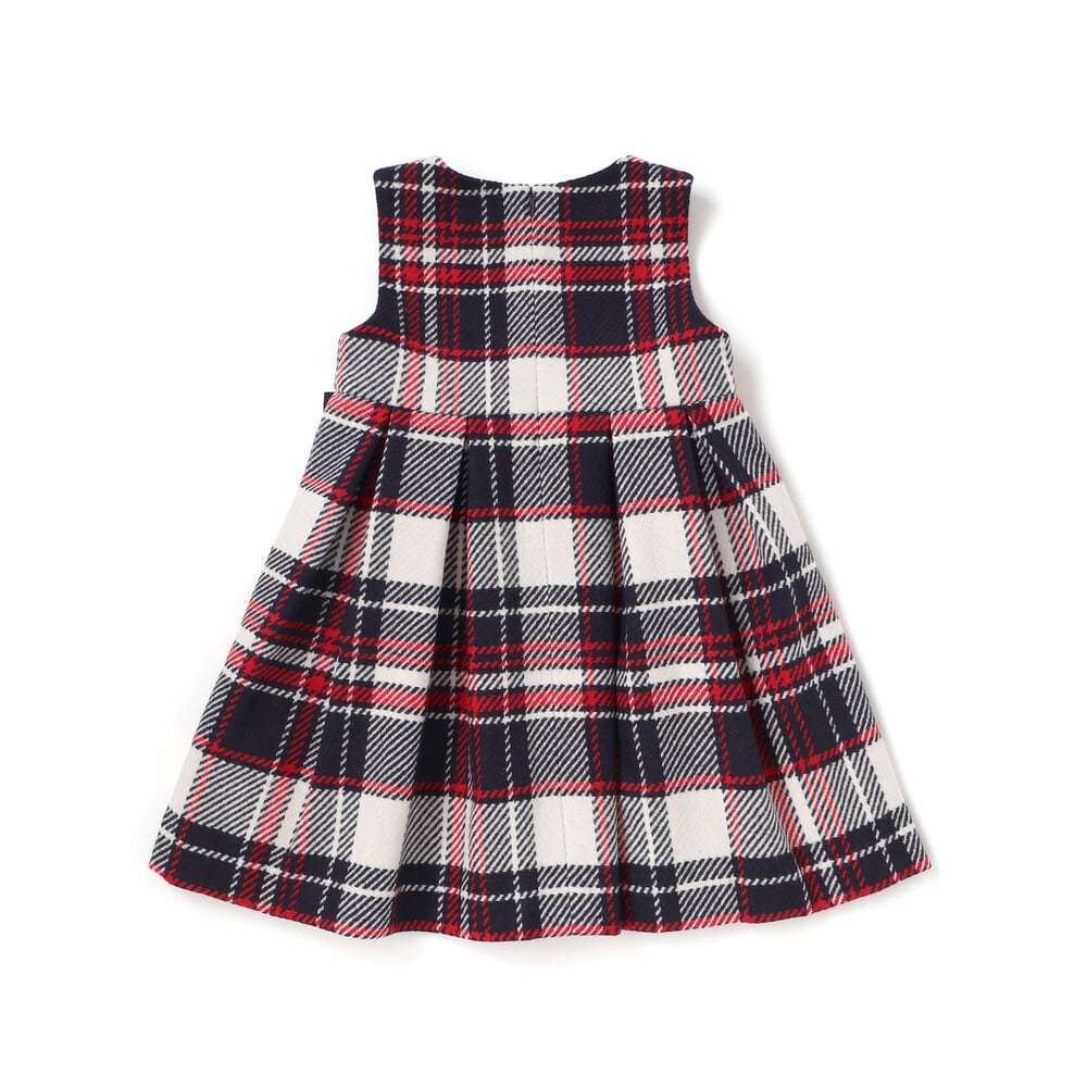 【日本製】【お揃い】ウールチェックサイドリボン付きジャンパースカート(90~140cm) ネイビー系 100cm