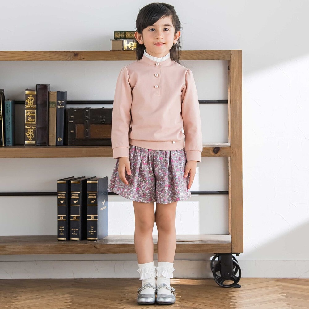 【日本製】【お揃い】リバティプリント(PETAL & DAISY)配色パイピング キュロットパンツ(100~140cm) ピンク系 100cm