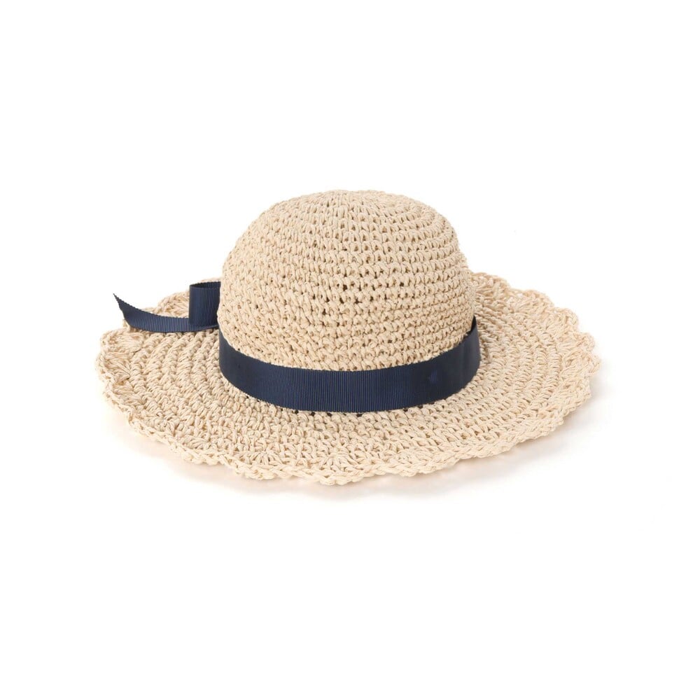 【UVカット】【お揃い】リボン付きブリムスカラップデザインペーパーハット(52~56cm) ネイビー 52cm