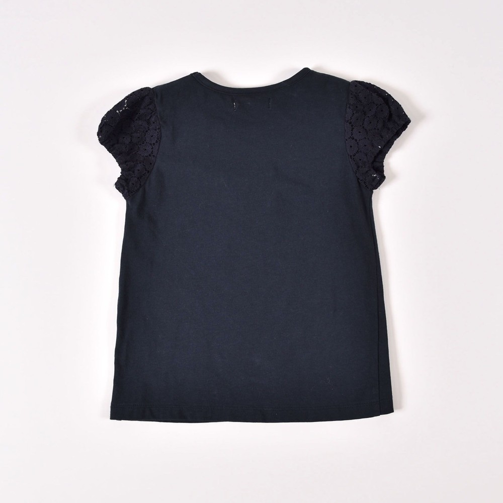 日本製 レース パフスリーブ リボン シンプル フェミニン 半袖 Tシャツ (80cm~100cm) ネイビー 100cm