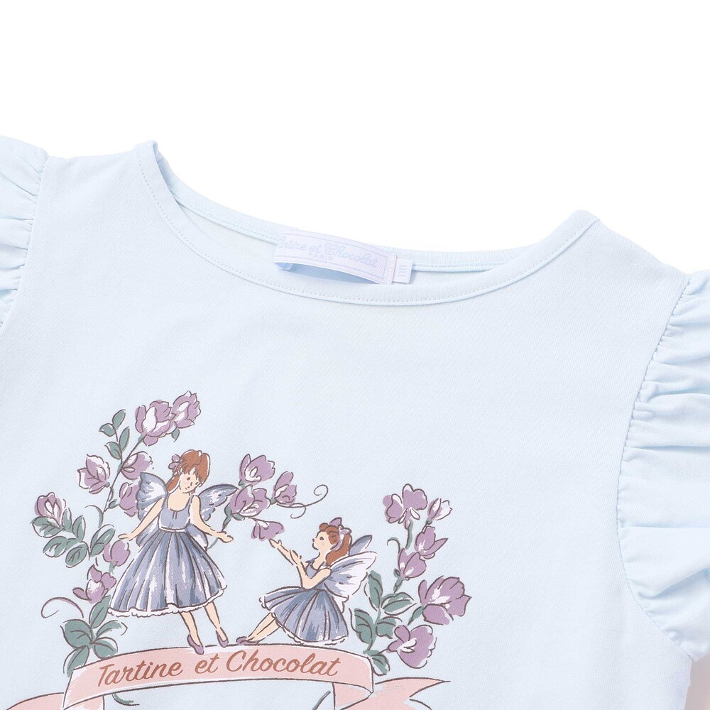 ベア天竺 袖フリルプリントTシャツ(90~140cm) ブルー 90cm