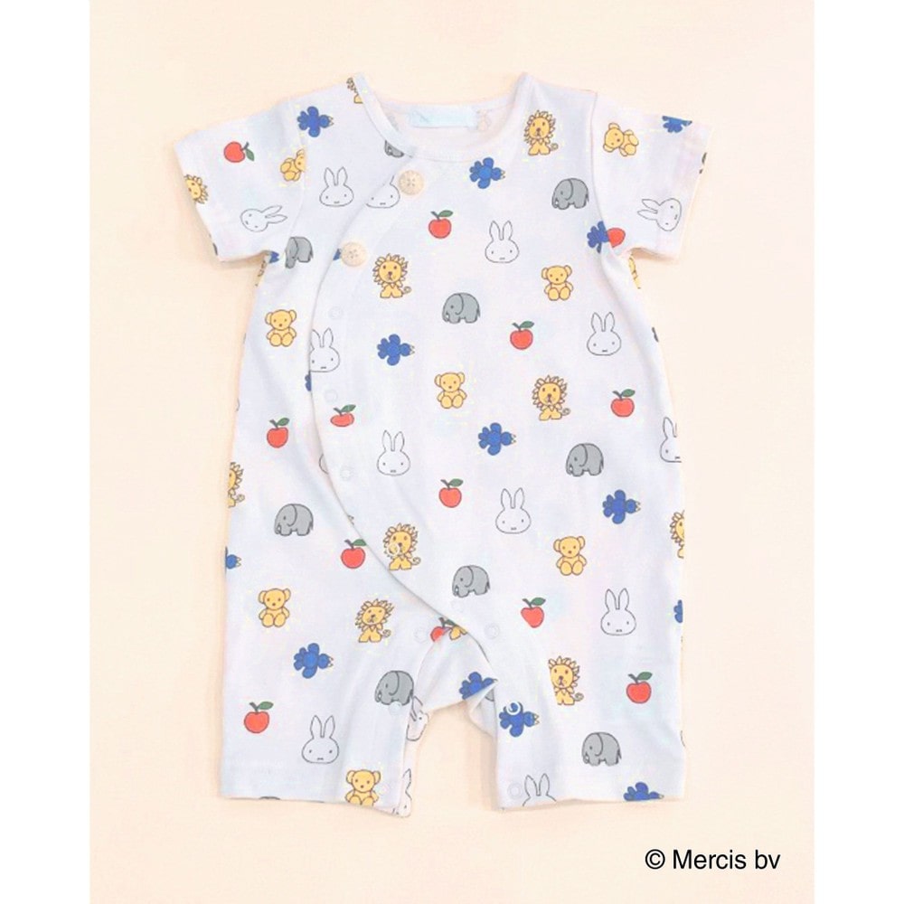 【miffy×bebe reduction コラボアイテム】ミッフィー 動物 総柄 半袖 カバーオール (70~90cm) オフホワイト系 70cm