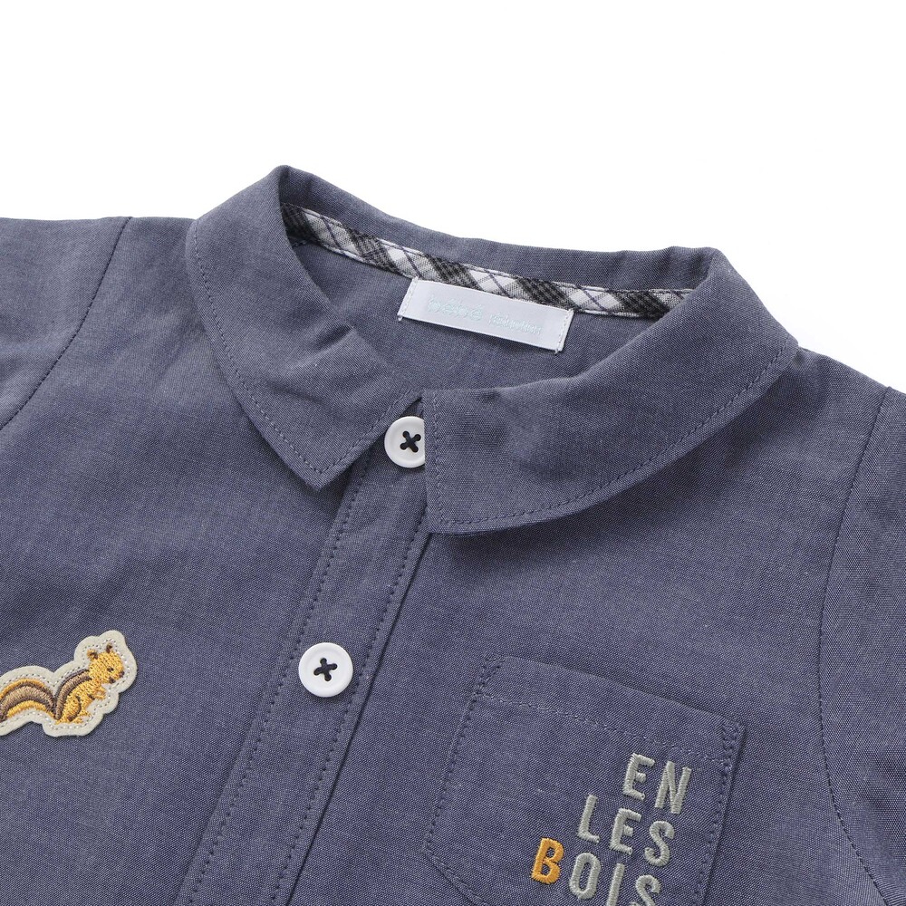 森のどうぶつプリントワッペン付きダンガリー半袖カバーオール(70~80cm) ネイビー 70cm