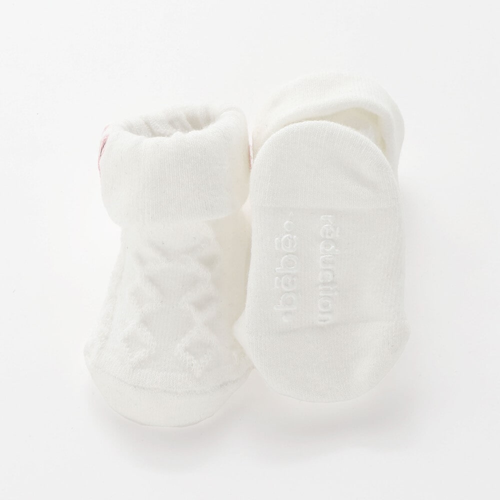 【お揃い】折り返しウサギ刺しゅうソックス(8~13cm) オフホワイト 8-10cm