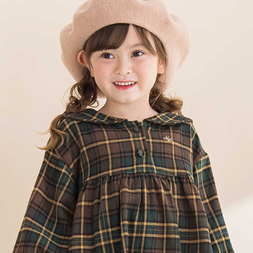 【お揃い】チェック柄セーラー襟ワンピース(80~130cm) レッド系 90cm