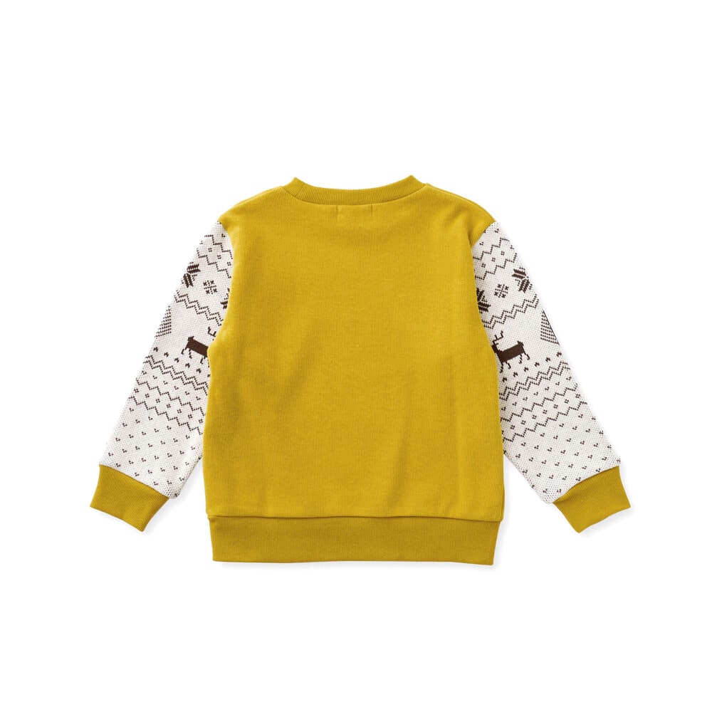 【お揃い】起毛トナカイ柄袖切り替えトレーナー(80~130cm) イエロー 80cm