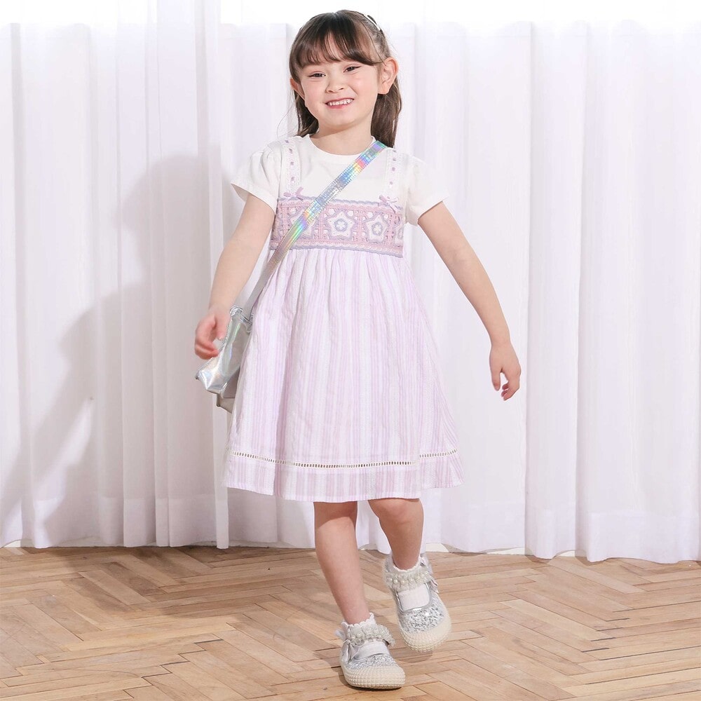 【お揃い】かぎ編み風レースビスチェドッキング天竺ワンピース(80~130cm) パープル系 80cm