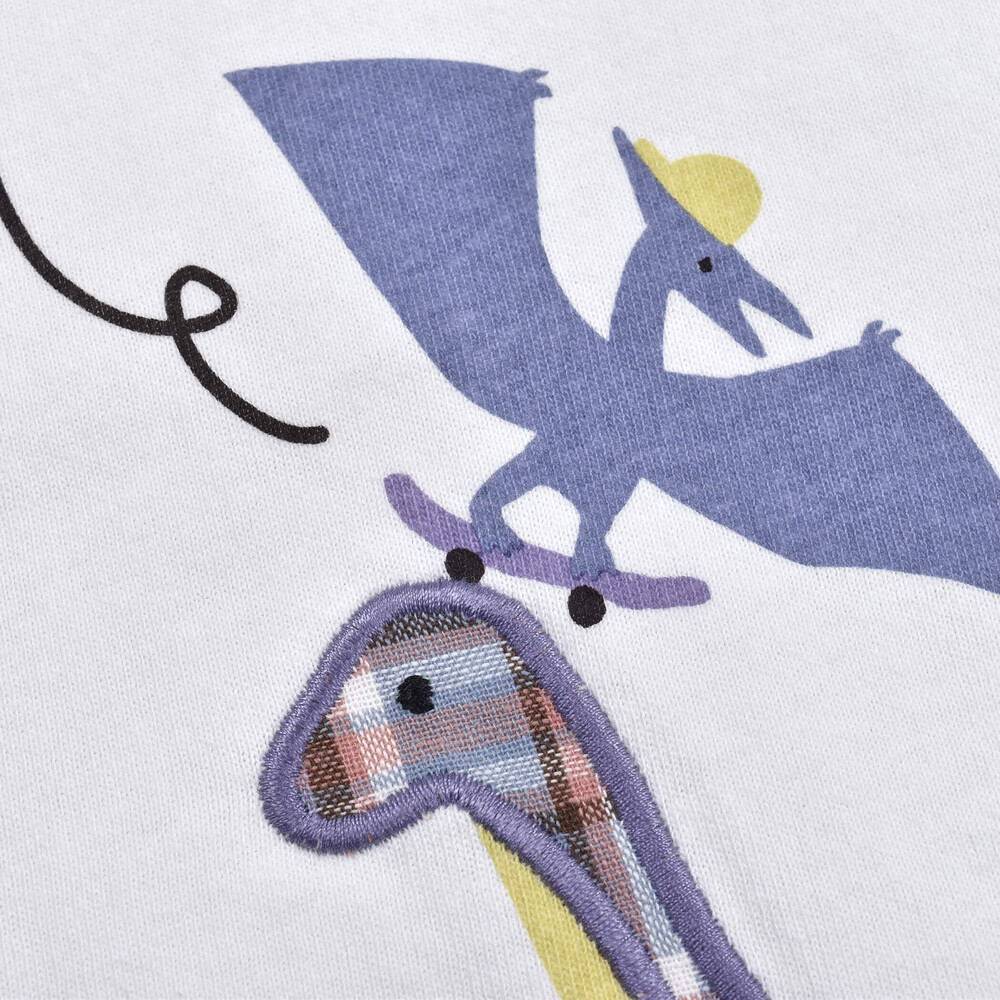 【 ママ想い 】 恐竜 プリント Tシャツ + チェック 6分丈パンツ セット (80~130cm) ホワイト 130cm
