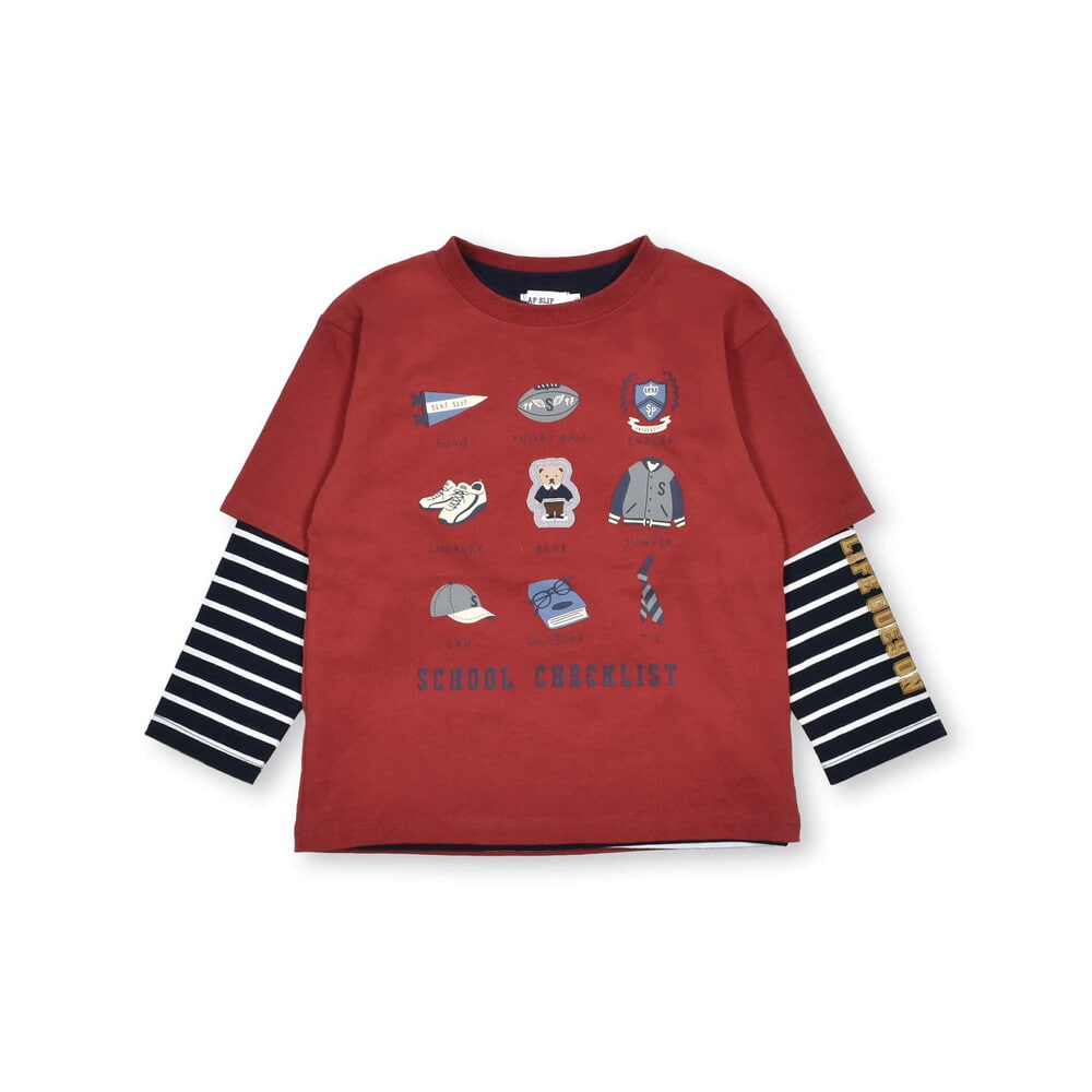 前面プリントパッチ刺しゅう半袖Tシャツ+ボーダー柄長袖Tシャツ2