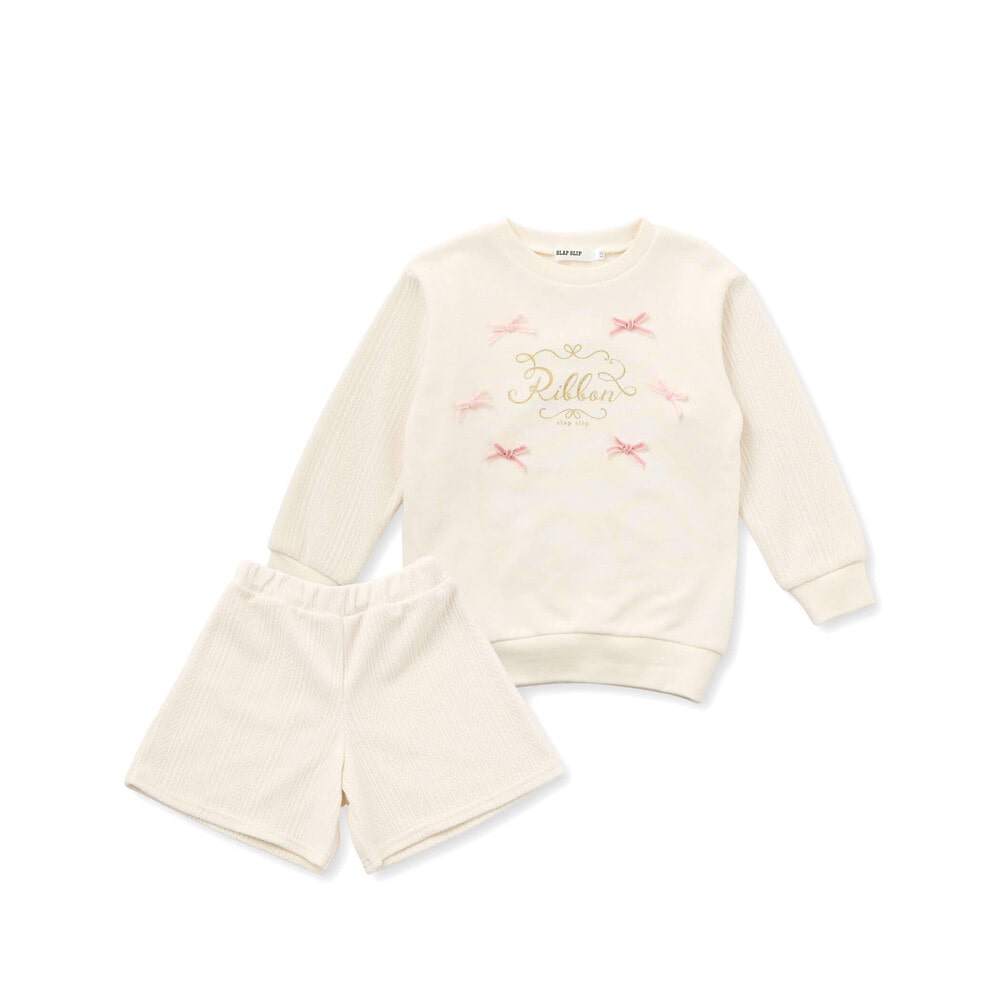 きらめくグリッタープリント切り替えトレーナー+ケーブル編みチェックショートパンツ2点セット(80~130cm) オフホワイト 80cm