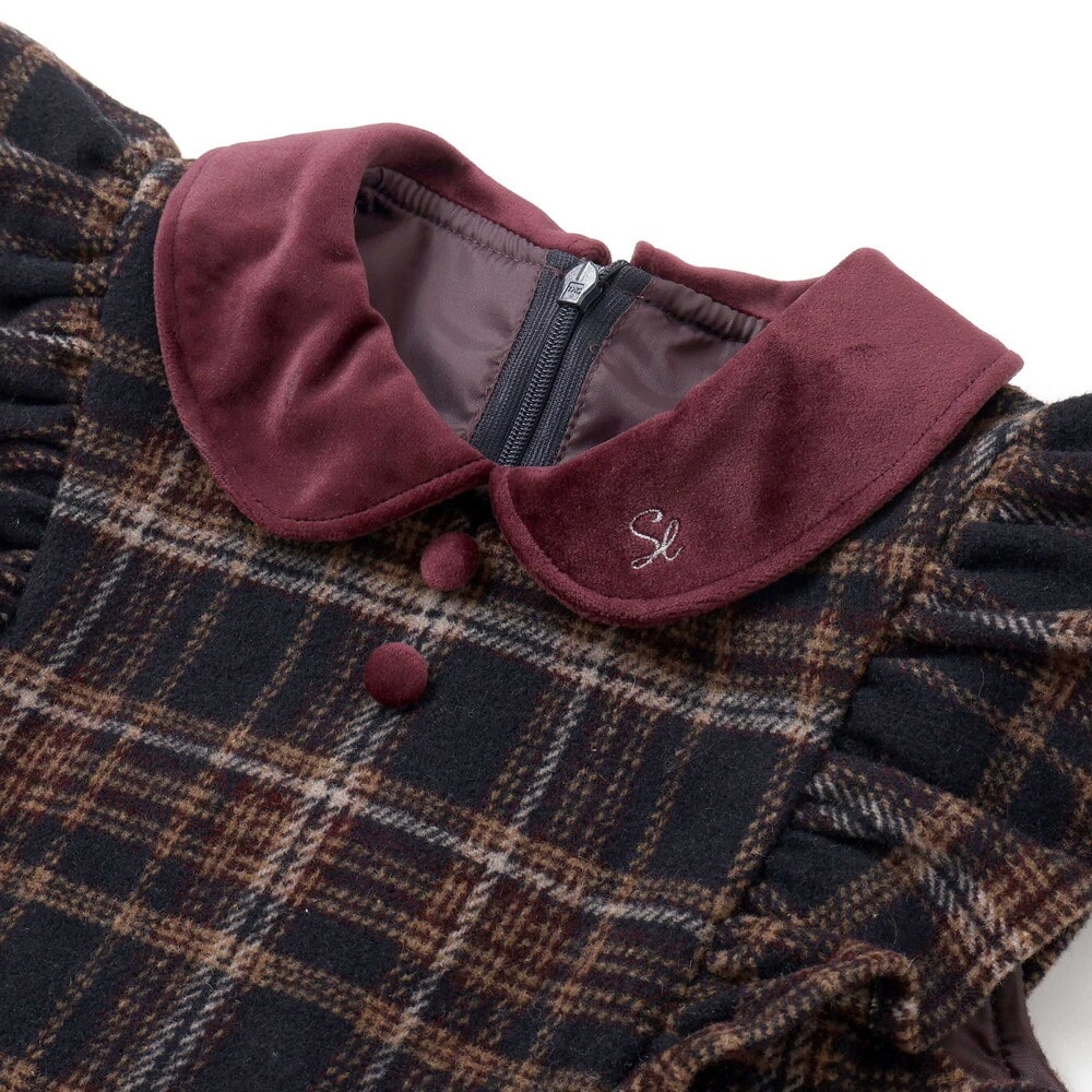 【お揃い】襟付きタックスカートチェックジャンパースカート(90~130cm) ボルドー×ネイビー系 90cm