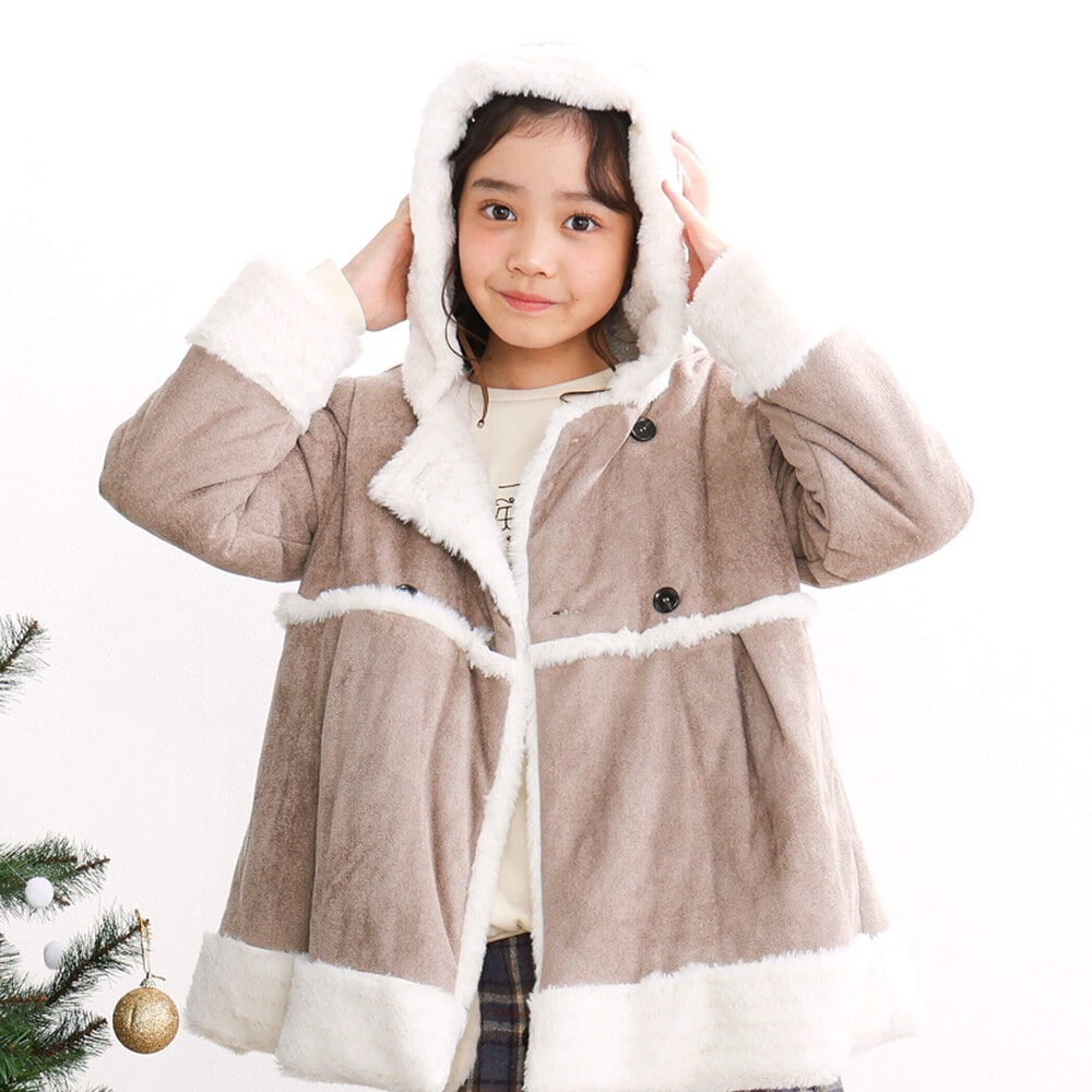 【限定販売】 フード付きファーダブルムートンコート(90~140cm)(90cm モカ ジャケット・アウター