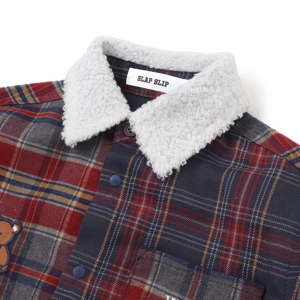 【お揃い】もこもこボア襟切り替えチェックシャツ(90~130cm) ネイビー×レッド系 90cm