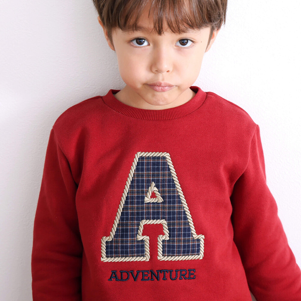 【お揃い】裏起毛チェック切り替えアルファベット刺しゅうトレーナー(80~130cm) オフホワイト 80cm